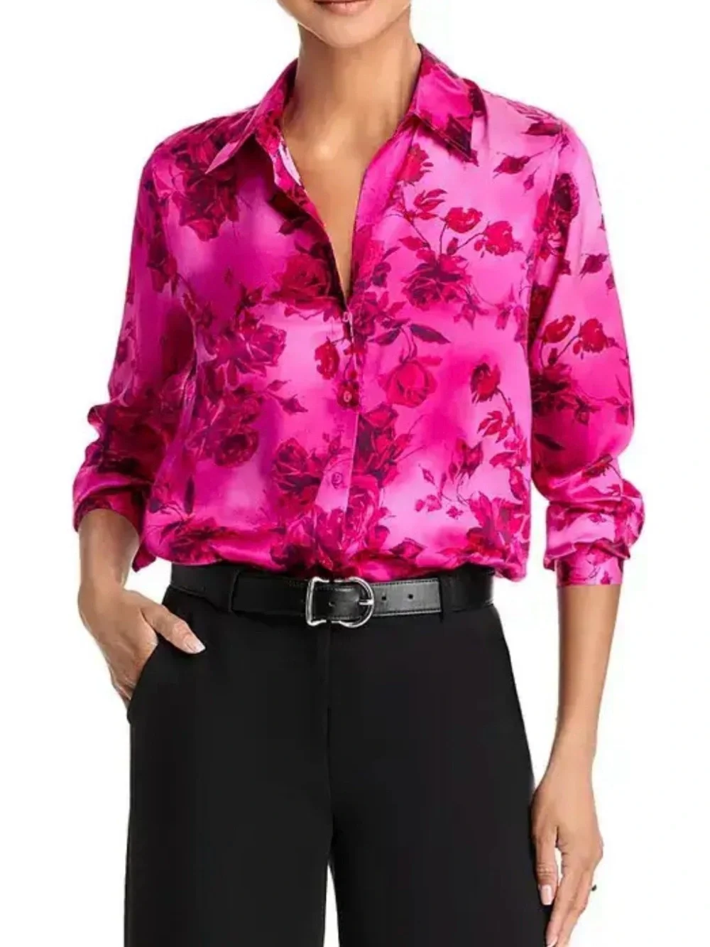 L’Agence Tyler Silk Floral Split-Neck Button Front Blouse - Fuchsia Pink size M - Picture 10 of 10